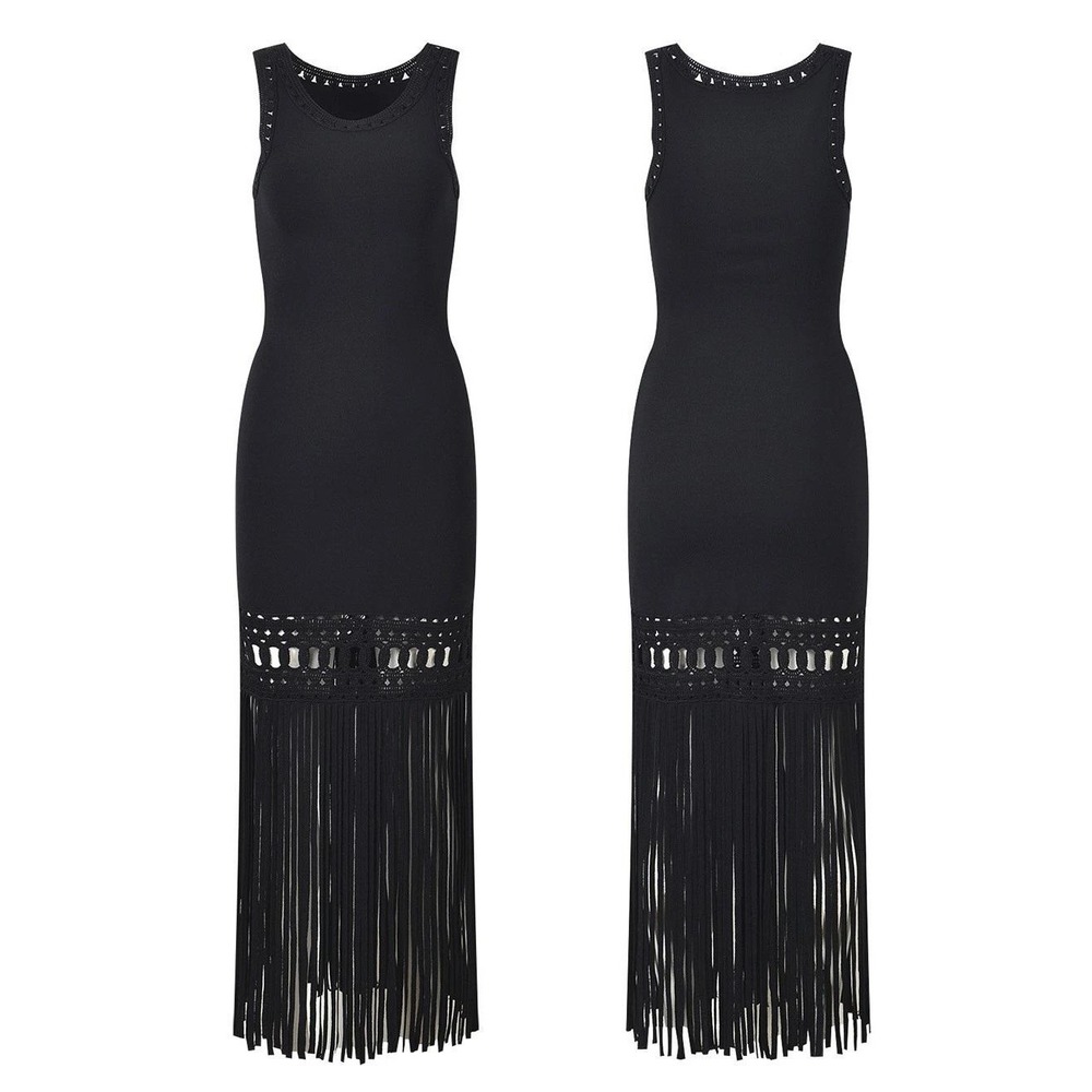 Sandro Crochet Fringe Black Resort Concert Midi Knit Dress, Cocktail LBD Large/8 - Picture 2 of 16